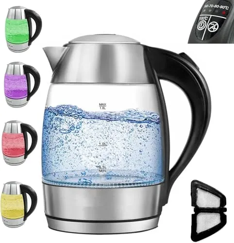 LMG Germany Wasserkocher 1,7 l - Glas Edelstahl Wasserkocher 2200W, LED Temperaturvorwahl und praktische Schnellkochfunktion