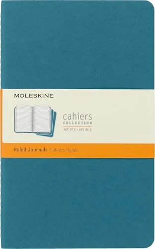 Moleskine Cahier Journal, Set mit 3 Notizbüchern mit linierten Seiten, Kartonumschlag mit sichtbaren Baumwollstichen, Farbe Lebhaftes Blau, Großformat 13 x 21 cm, 80 Seiten