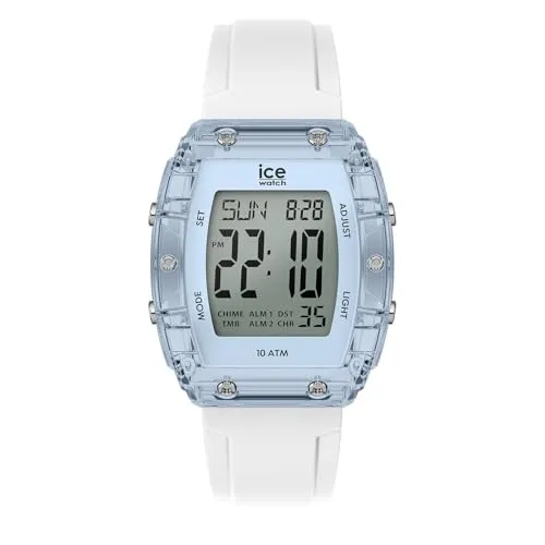 ICE-WATCH 024567 Digitale Armbanduhr - Moderne Herren-Armbanduhr mit Kalender, Stoppuhr und Wecker. Wasserdicht bis 10 bar, elegantes Design mit blauem Gehäuse und weißem Silikonband.