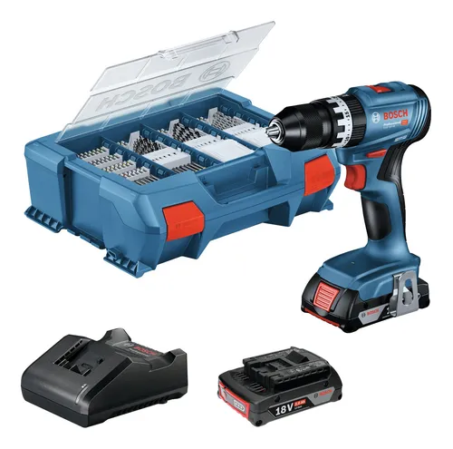 Bosch Akku-Schlagbohrschrauber GSB 18V-45 - Akkuschrauber mit 18V, 2Ah und 2 Akkus, ideal für präzises Bohren und Schrauben. Bürstenloser Motor und LED-Licht für optimale Leistung und Sicht.