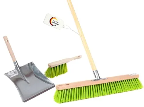 BawiTec Profi XL Kehrset Besen 60cm mit Stiel Ø28mm Länge 140cm Handfeger und Metall-Kehrschaufel verzinkt neon-grün Elaston-Borsten robust Kehrgarnitur Gartenbesen-Set für Garten,Haus,Gewerbe