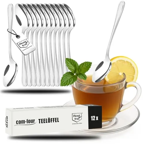 COM-FOUR® 12x Teelöffel aus rostfreiem Stahl - stilvolles Tafelbesteck im schlichten Design - Teelöffel - Dessertlöffel - Teeservice - ca. 13,5 cm (12 Stück - Teelöffel 13.5cm)