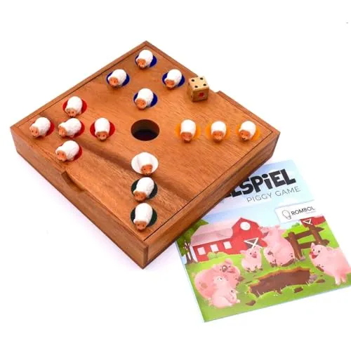 ROMBOL Ferkelspiel - Würfelspiel mit süßen Tierfiguren - Tolles Gesellschaftsspiel für 2-6 Spieler ab 6 Jahren. Mit handgefertigten Tierfiguren und einfachem Regelwerk sorgt es für Spaß bei der ganzen Familie. Ideal als Geschenk und aus robustem Samena-Holz gefertigt.