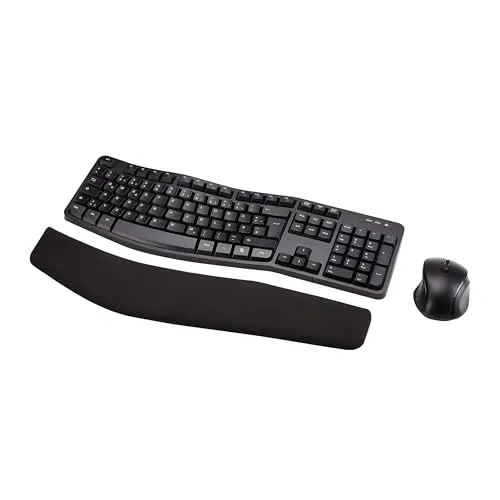 Amazon Basics Ergonomisches Tastatur-Maus-Set kabellos - DE Layout, schwarz - Ergonomisches Design für angenehmes Tippen und eine große Handballenauflage. Kabellose Verbindung über 10 m für maximale Bewegungsfreiheit. Ideal für komfortables Arbeiten.