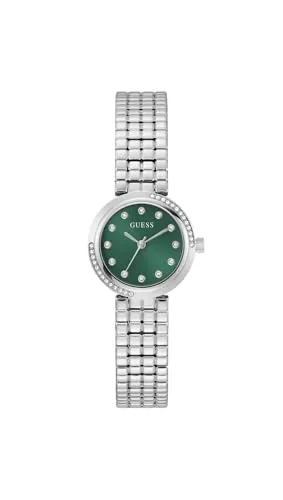 Guess Damen Uhr CLARA GW0930L1 Edelstahl silber - Elegante Damenarmbanduhr aus Edelstahl mit grünem Zifferblatt und Zirkonia-Besatz. Wasserdicht bis 30 Meter, ideal für den täglichen Gebrauch. Ein stilvolles Accessoire für jedes Outfit.