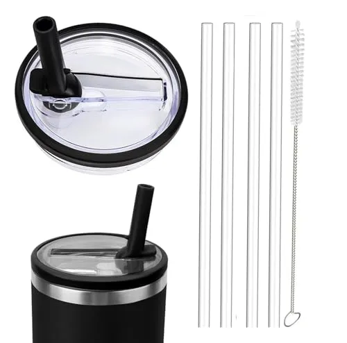 Ersatzdeckel für 40oz Becher, 1 Packung Auslaufsichere Tumbler Ersatz für Stanley Quencher 1.2L, wiederverwendbare Becherabdeckungs-Sets mit 4 Strohhalmen und 1 Reinigungsbürste (black, 40oz)