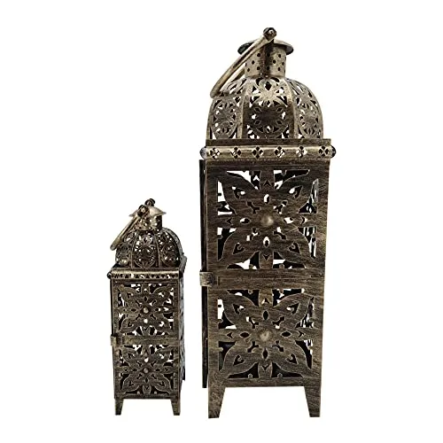 Rebecca Mobili 2 Goldene Kerzenständer - Ethno-Chic Laternen für Garten & Flur - Nussknacker: Set aus 2 goldenen Laternen aus Metall, ideal für drinnen und draußen, zaubert warmes Licht und verleiht jedem Raum einen Hauch von Ethno-Style.