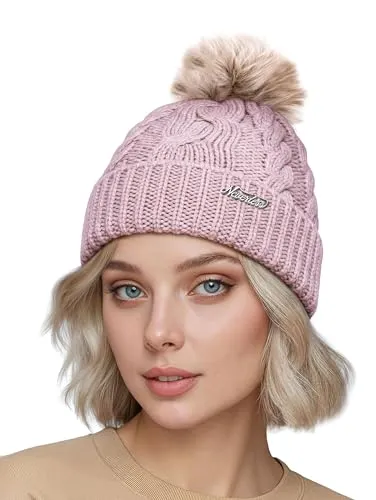 Neverless® Damen Strickmütze mit Bommel Grobstrick Pudelmütze mit Fellbommel Fake Fur Wintermütze Rosa Unisize