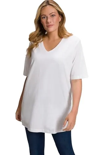 Ulla Popken Damen große Größen Übergrößen Plus Size T-Shirt, Basic, Relaxed Fit, V-Ausschnitt, Halbarm schneeweiß 50+ 515283200-50+