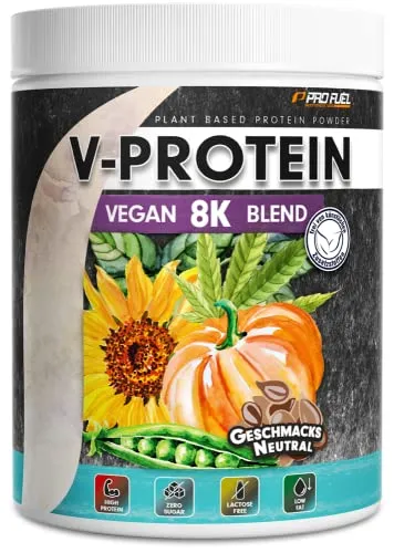 Vegan Proteinpulver NEUTRAL (480g) zum Backen und Kochen - ohne Aroma und Süße - naturbelassenes Protein aus Sonnenblumen, Soja, Hanfsamen & Kürbiskernen - 84% Eiweiß-Gehalt - V-PROTEIN 8K Blend