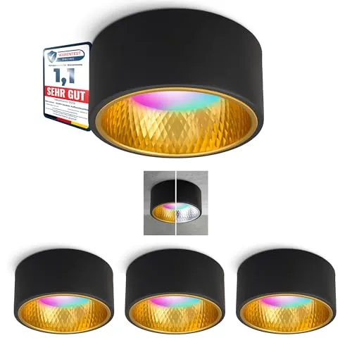 SSC-LUXon OLINO Aufbauleuchte schwarz gold - Smart LED RGBW GX53 - Deckenspot mit WLAN-Steuerung per Smartphone oder Sprachbefehl. Kompatibel mit Alexa, Siri & Google, ideal für stimmungsvolle Beleuchtung in Ihrem Zuhause.