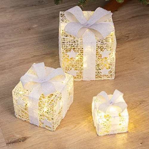 LED Geschenkboxen mit Timer 3er Set - WEIß - Weihnachtsdeko mit 3 beleuchteten Geschenkboxen in warmweiß, ideal für stimmungsvolle Adventsdekoration. Mit Timer-Funktion für 6 Stunden Licht und 18 Stunden Pause.