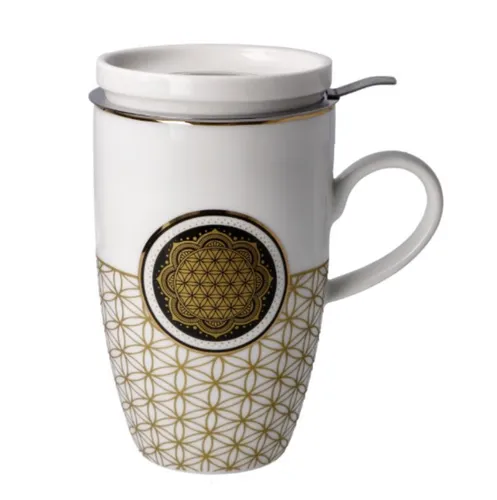 Goebel Teetasse mit Deckel und Sieb - Blume des Lebens - Thermobehälter aus feinem Bone China Porzellan, ideal für Teeliebhaber mit rostfreiem Stahlsieb und stilvollem Design, inklusive Geschenkverpackung.
