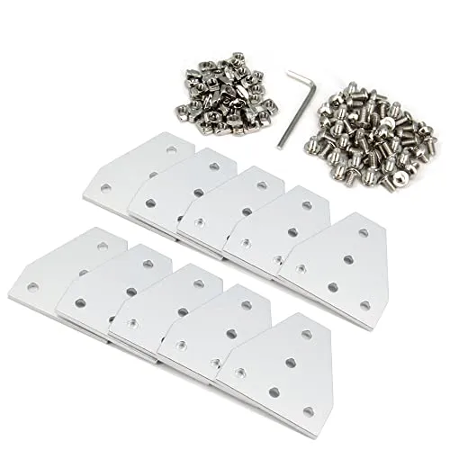 Befenybay 10 Stück/Set silberne T-Eckhalterungsplatte mit 50 Stück M5 x 8 mm Schrauben und 50 Stück M5 T-Muttern für Aluminiumprofil-3D-Druckerrahmen der Serie 2020 (Silber T-10 mit Schraube)