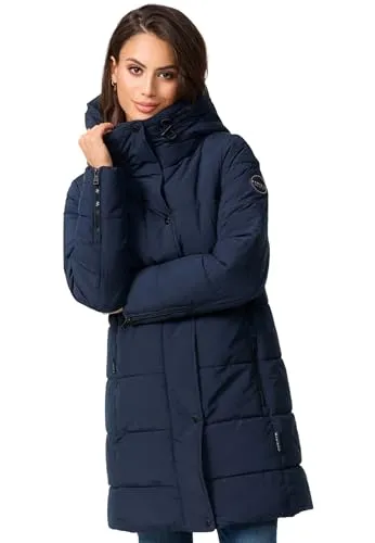 MARIKOO Damen Winterjacke Stepp Winter Jacke Übergang Steppjacke lang warm Kapuze B987 [B987-Karumik-Navy-Gr.XS]
