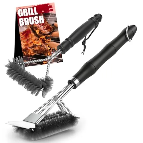 Homshsjhkis 2 Pcs Grillbürste, Grill Reinigungsbürste mit Extra Langer Edelstahl Borsten, Spatel und Wärmedämmung Rutschfesten Griff, Grillbürste Messing für Gasgrill, Holzkohlegrill, Kugelgrill