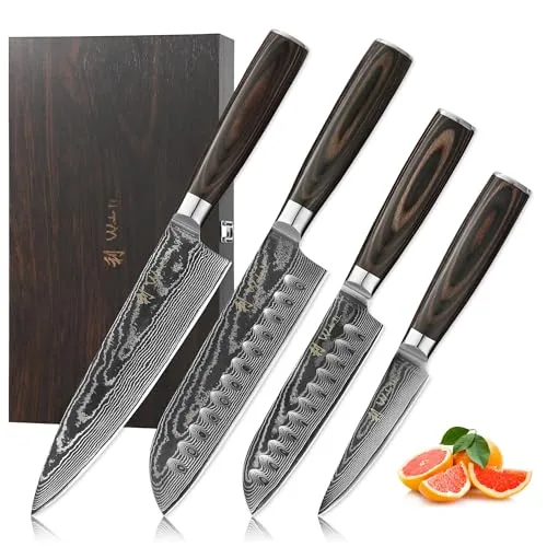 Wakoli EDIB Essentials 4er Damastmesser-Set - Taschenmesser-Set mit 67 Lagen Damaststahl für beeindruckende Schärfe und langlebige Schnitthaltigkeit. Ergonomische Pakkaholzgriffe sorgen für komfortables Schneiden.