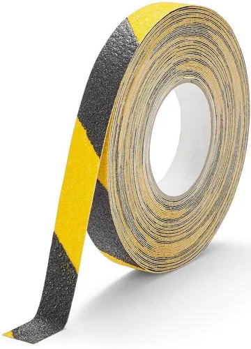 DURABLE Kettenschloss Antirutschband Duraline Grip+ 15m x 25mm gelb/schwarz (5 Stück) - Selbstklebendes Antirutschband für sichere Wege und Trittflächen in Industriebereichen. Ideal für Treppen, Rampen und Maschinen. Hohe Rutschhemmung auch bei starker Beanspruchung. Größe: 15 m x 25 mm.