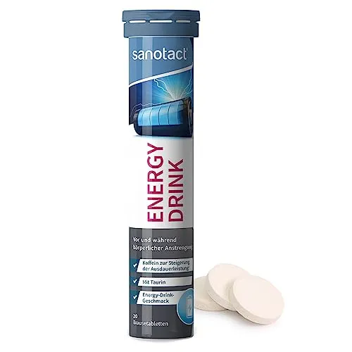 sanotact Energy Drink (20 Brausetabletten) - Zuckerfrei & Kalorienfrei - Energy Drink Brausetabletten mit Taurin, Koffein und B-Vitaminen für mehr Ausdauer und Konzentration. Ideal für Sport und lange Arbeitstage, gluten- und laktosefrei, 100% vegan.