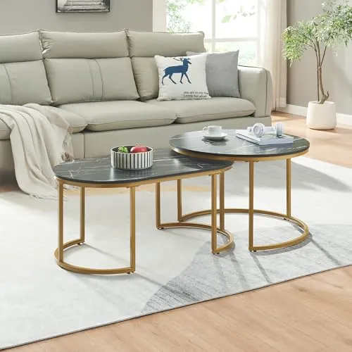 [en.casa] Couchtisch 2er Set Oppeerg – Eleganter Beistelltisch in Marmoroptik - Satztische fürs Wohnzimmer: Stilvolles Set mit goldfarbenem Metallgestell und cleverem Platzspar-Design für vielseitige Nutzung im modernen Zuhause.