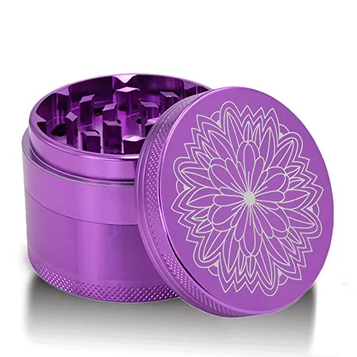 DCOU Premium Cruncher Bruchfester Aluminium Grinder Crusher Gewürze Schleifer mit Blumen auf dem Deckel Magnetisch Ø55mm Metall Spices Grinder 4 Teilig