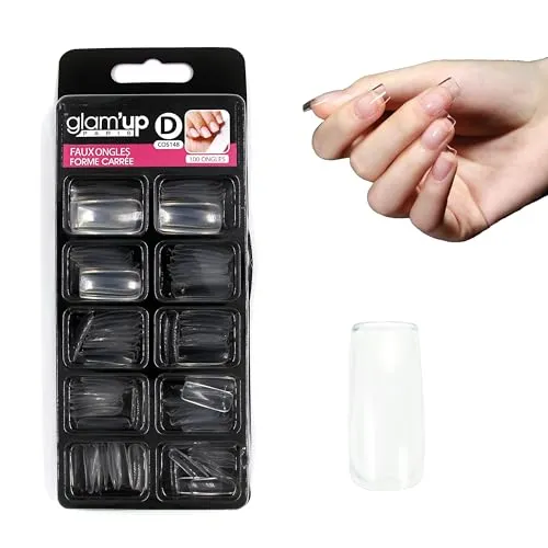 Glam'Up Paris – künstliche Nägel, volle Abdeckung, einfach zu verwenden, 100 Stück – quadratisch abgerundet XL – Nr. 148 – transparent zum Lackieren