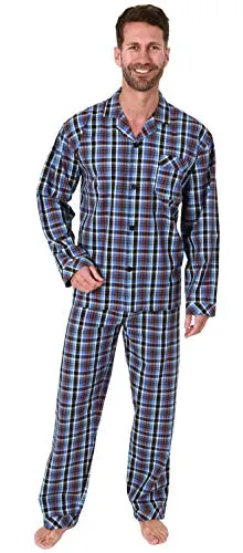 Eleganter Herren Pyjama Langarm Schlafanzug gewebt zum Knöpfen im Karo Design - 65343, Farbe:blau, Größe:56