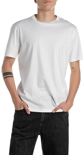 Replay Herren T-Shirt mit Logostickerei, Gr. M, natural white - Klassisches T-Shirt mit modischem Aufnäher, aus geschmeidigem Jersey für höchsten Komfort und Bewegungsfreiheit.