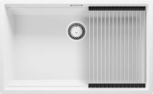 PRIMAGRAN Unterbauspüle Granit Weiß 76x47cm, Spülbecken 1 Becken + Ablauf-Set + Aufrollbare Abtropffläche, Granitspüle ab 80er Unterschrank - Praga S392