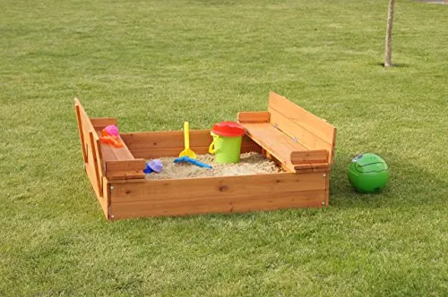 Sandkasten mit Deckel und Sitzbänken - Sandkasten mit Deckel und Sitzbänken, ideal für sicheres Spielen im Freien, schützt den Sand vor Schmutz und Tiere.