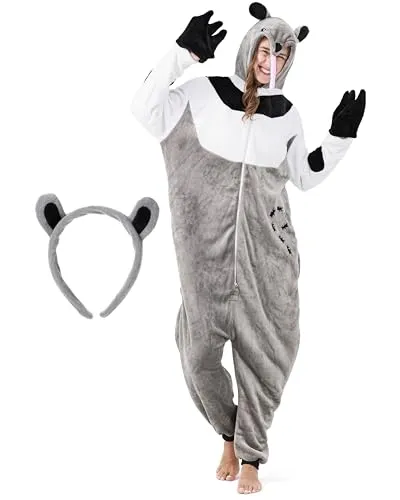 corimori Flauschiges Ameisenbär-Kostüm für Erwachsene mit Haarreif | Karneval Kostüm Onesie für Damen, Herren | Körpergröße 170-180cm