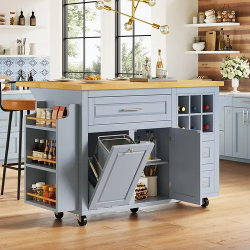 okwish Küchenwagen mit Schubladen und Snackregal – Multifunktionale Kücheninsel in Blau