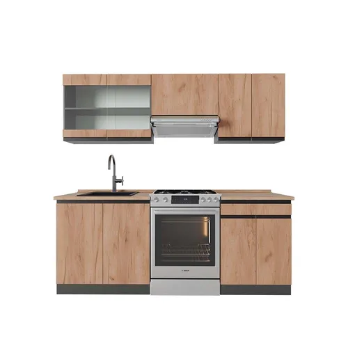 Vicco Küchenzeile R-Line, Goldkraft Eiche/Anthrazit, 200 cm - Küchenzeilen mit höhenverstellbaren Füßen und vielfältigen Konfigurationsmöglichkeiten. Genießen Sie eine elegante und gut organisierte Küche für kulinarische Abenteuer.