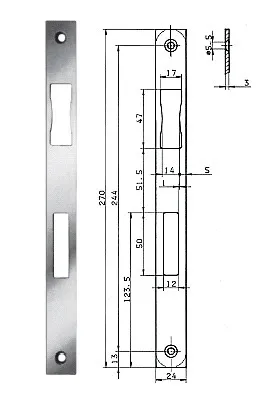 Flachschließblech BKS B 9000, kantig, Edelstahl Ausfräsung: mit Fallen und Riegelausschnitt|Schließblechlänge: 270.00 mm|Schließblechbreite: 24.00 mm