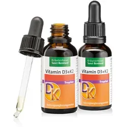 Vitamin-D3+K2-Tropfen 2 x 30 ml - 60 ml - Nahrungsergänzungsmittel für gesunde Knochen und Muskelfunktion. Enthält 25 μg Vitamin D3 und 20 μg Vitamin K2 pro Tropfen, leicht dosierbar mit praktischer Pipette.