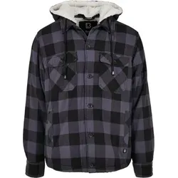Brandit Lumber Jacket Hooded - Wattierte Flanelljacke in Schwarz/Grau, Größe M - Funktionsjacken mit abtrennbarer Kapuze und Teddyfell, ideal für kalte Tage, ausgestattet mit mehreren Taschen für optimalen Komfort.