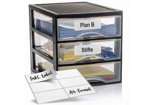 Hausfelder Schubladenbox Schubladenschrank A4 mit 3 Schubladen inkl. Aufkleber, (1-St., A4 mit 3 Schubladen + Aufkleber, Kunststoff)