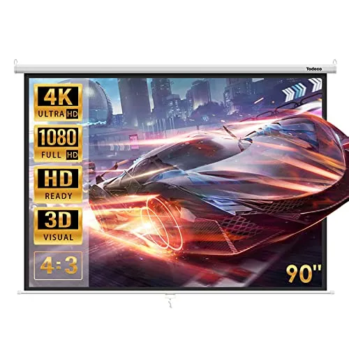 Todeco Leinwand, Hängeleinwand 90 Zoll 137 x 183 cm, Format 4:3, Heimkino mit 4K Full HD 3D, manuelle Rolloleinwand für Heimkino und Präsentation