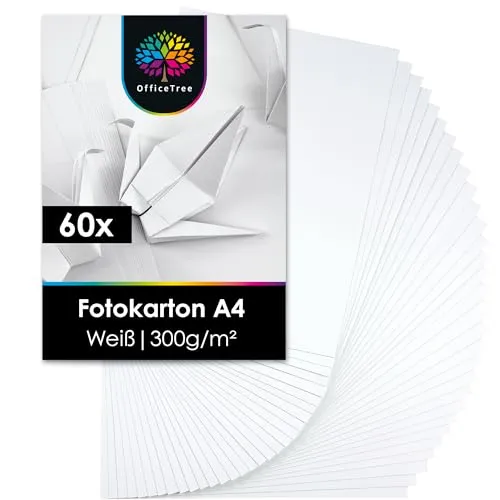 OfficeTree 60 Blatt Fotokarton A4 Weiß 300g - Fotokarton Weiß zum Basteln, Schneiden & Drucken - Lignin- & Säurefrei - dickes Papier A4 zum drucken - Bastelkarton Weiß - dickes Druckerpapier