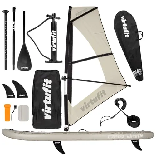VirtuFit Supboard Surfer 305 - Beige mit Windsurfer und Zubehör - Aufblasbares SUP- und Windsurf-Board für Anfänger und Fortgeschrittene, mit 2m² Windsurfsegel und Kamera-Halterung für unvergessliche Wasserabenteuer.