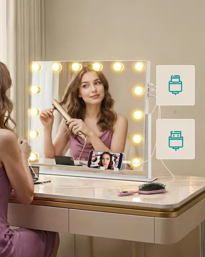 SONGMICS LED Make-up Spiegel mit Touch-Steuerung & Handyhalter, 50 x 42 cm, weiß - Erleben Sie perfekten Make-up-Komfort mit dem SONGMICS Spiegel: 3 Lichtmodi, drehbar für ideale Winkel und praktische Handyablage für einfaches Schminken.