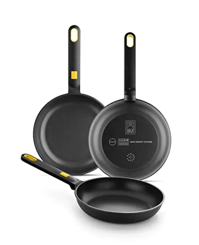 BRA Daily Pro | Set mit 3 Bratpfannen aus Aluminiumguss, 20–24–28 cm, dreischichtige Antihaftpfannen ohne PFOA, geeignet für alle Herdarten und Induktion, Farbe Schwarz und Gelb