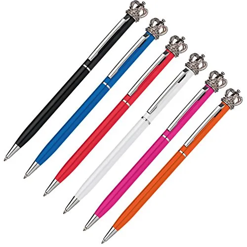 6x Drehkugelschreiber aus Metall / mit Krone / 6 Farben