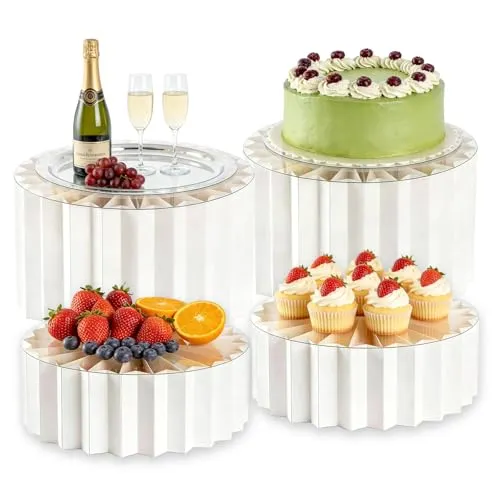 BORDEAG 4 Stück Buffet Ständer, 10cm, 20cm Faltbare Tortenständer Buffet, Faltbare Papp-Kuchenständer, Buffet Riser mit PVC PVC-Platte Robuster Dessertständer für Hochzeit Party Dekoration