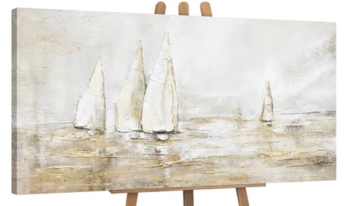 YS-Art Gemälde Sonnenblendung - Handgemalte Landschaft mit Gold Segelbooten - Gemälde in Premium-Qualität, handgemalt und auf Keilrahmen gespannt, ideal für stilvolle Innenräume und besondere Anlässe.