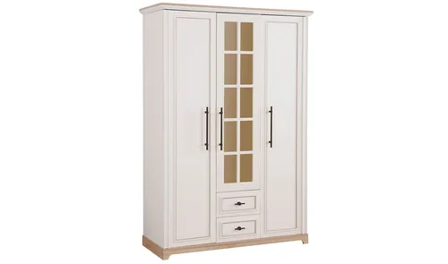 Designer Kleiderschrank mit Glastüren und Schubladen - Moderner Kleiderschrank aus hellem Holz mit 3 Türen und 2 Schubladen. Ideal für die stilvolle Aufbewahrung Ihrer Kleidung. Maße: 153 x 60 x 223 cm. Mit Einlegeboden und Kleiderstange.