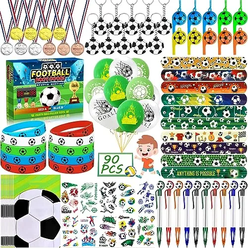 Frasheng 90pcs Fußball Party Mitgebsel Kinder,Fußball Give Aways mit Schnapparmband,Luftballon,Silikonarmband,Trillerpfeife,Medaillen,Partei Geschenk Taschen,Kugelschreiber,Aufkleber usw.