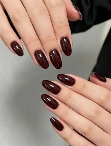 MouyouGlow Press on Nails Kurz,Almond Dunkel Rot Burgundy Einfarbige Design Short Glossy Mandel Fake Nails,Dark Wine Red Plain Shiny Pure Colour Retro-Chic Flair Artificial Künstliche Fingernägel