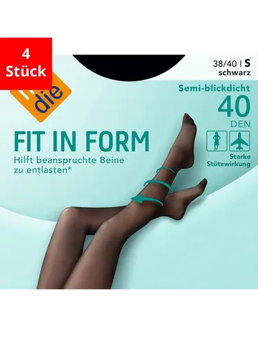 Nur Die Feinstrumpfhose Fit in Form, 40 Den, schwarz, Größe 44/48 - Elegante schwarze Feinstrumpfhosen in Größe 44/48, ideal für jeden Anlass. Die elastische Materialzusammensetzung sorgt für perfekten Sitz und hohen Tragekomfort. Lieferung im praktischen 4er-Pack.