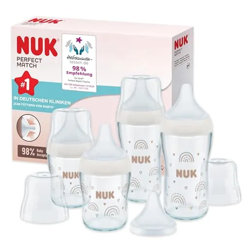 NUK Perfect Match Glas-Babyflaschenset | 4 Flaschen mit Temperaturkontrolle - Babyflaschenset mit 4 Anti-Colic-Flaschen, die sich dem Baby anpassen. Mit innovativer Temperature-Control-Anzeige für sicheres Trinken, BPA-frei und leicht zu reinigen.